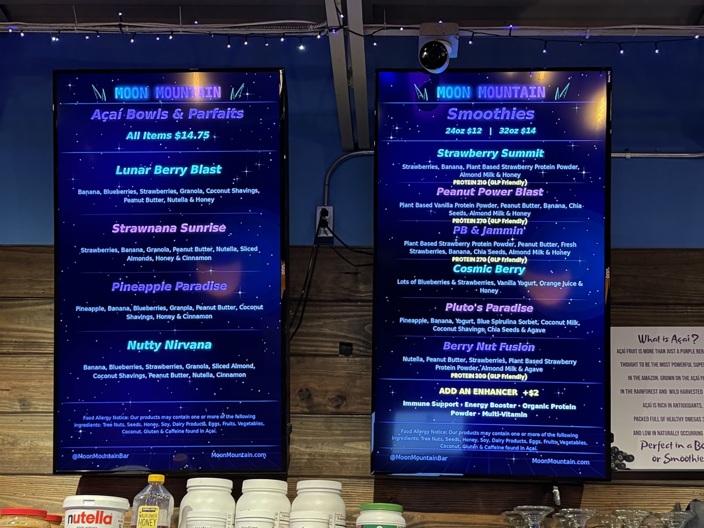 Açaí bowl and smoothie menu boards at Moon Mountain in Brandon FL