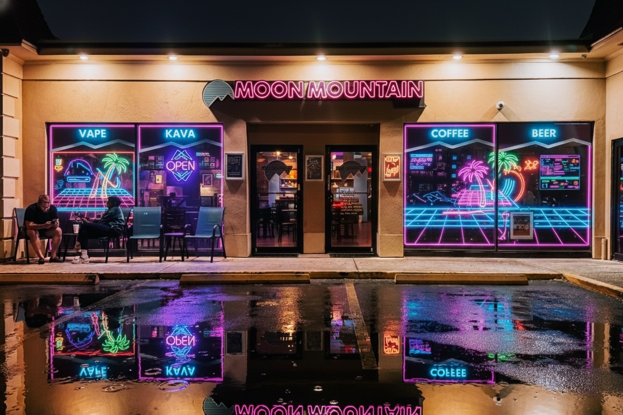 Moon Mountain kava lounge storefront in Brandon Florida with neon vaporwave signs